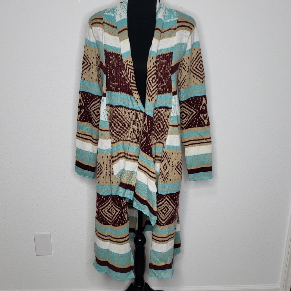 Love Cotton Knit Southwestern Asymmetric Long Line Open Front Cardigan Size M/L - Picture 3 of 14